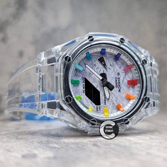 Casioak Mod Watch Transparent Case Strap Silver Rainbow Time Mark Meteorite Dial 44mm - Casioak Studio
