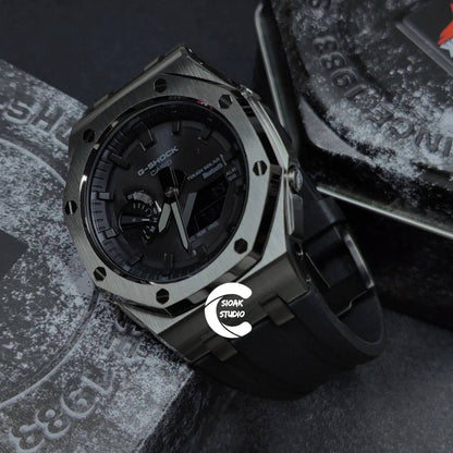 Casioak Mod Watch Solar Bluetooth Offshore Superior Black Case Black Rubber Strap Black Time Mark Black Dial 44mm - Casioak Studio