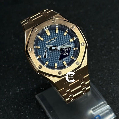 Casioak Mod Watch Rose Gold Case Metal Strap Rose Gold Time Mark Blue Dial 44mm - Casioak Studio
