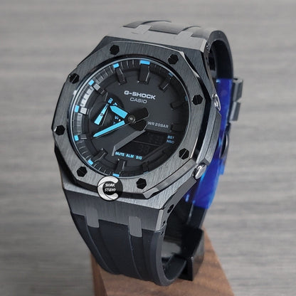 Casioak Mod Watch Black Case Black Rubber Strap Black Time Mark Black Dial Blue 44mm - Casioak Studio