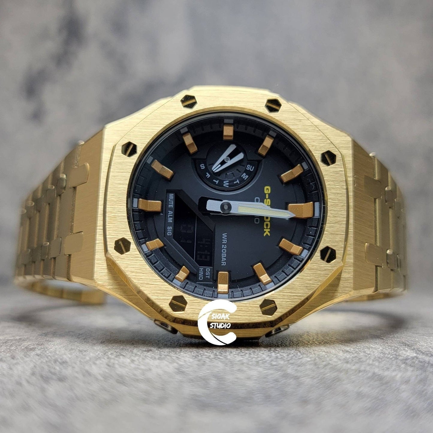 Casioak Mod Watch Gold Case Metal Strap Black Bronze Time Mark Black Dial 44mm - Casioak Studio