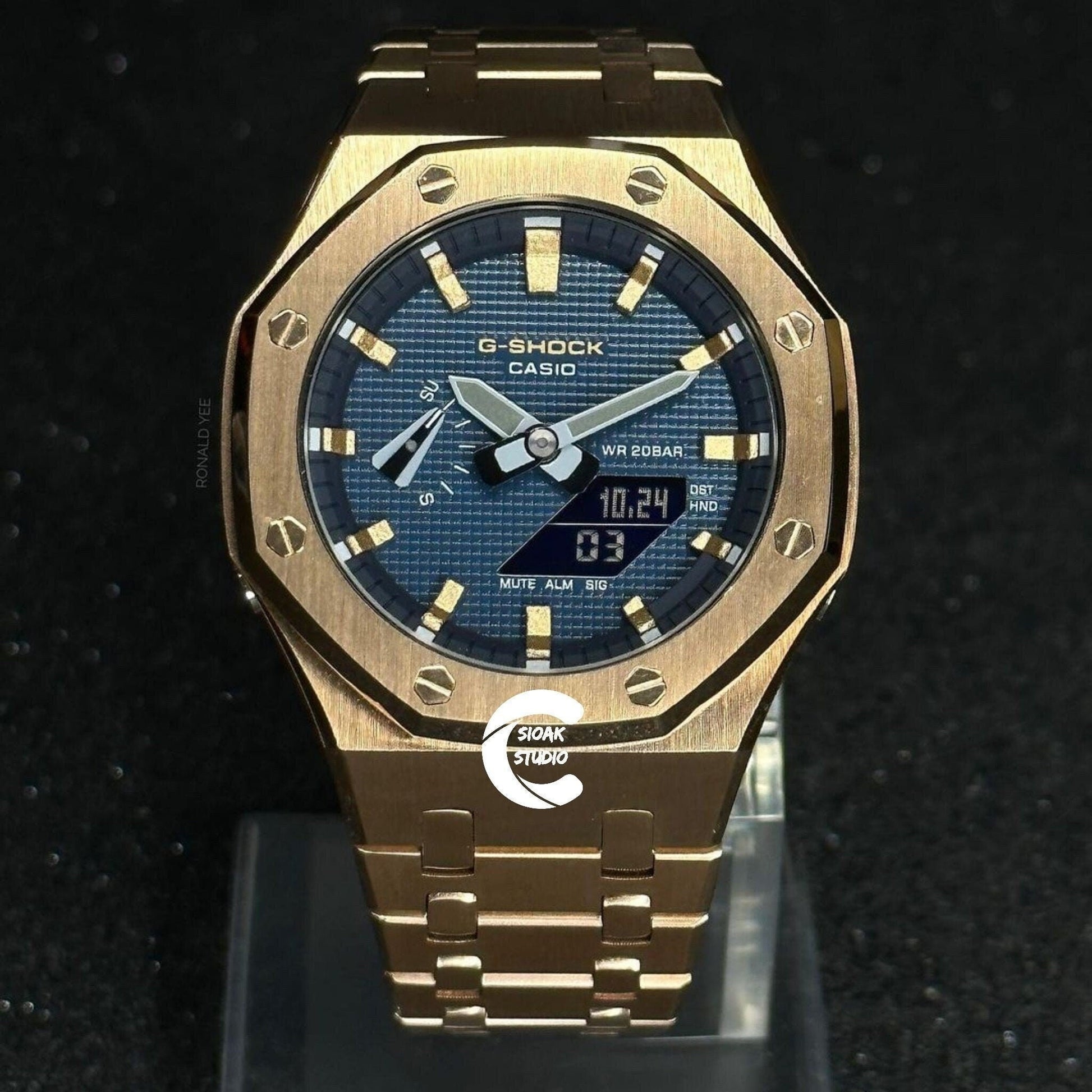 Casioak Mod Watch Rose Gold Case Metal Strap Rose Gold Time Mark Blue Dial 44mm - Casioak Studio