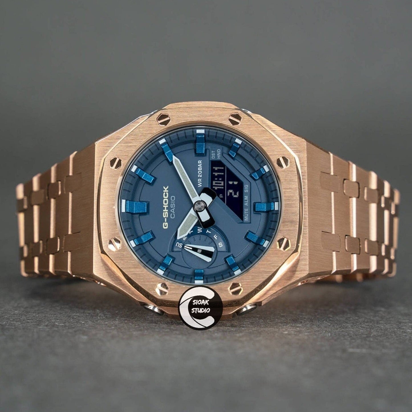Casioak Mod Watch Rose Gold Case Metal Strap Blue  Blue Time Mark Blue Dial 44mm - Casioak Studio