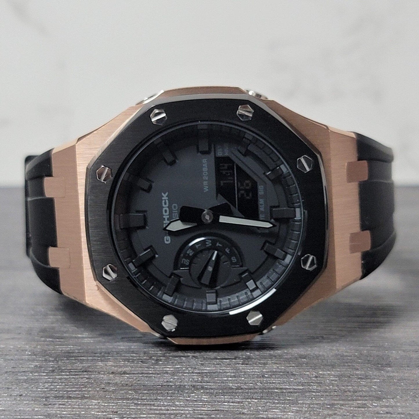 Casioak Mod Watch Black Rose Gold Case Black Rubber Strap Black Time Mark Black Dial 44mm - Casioak Studio