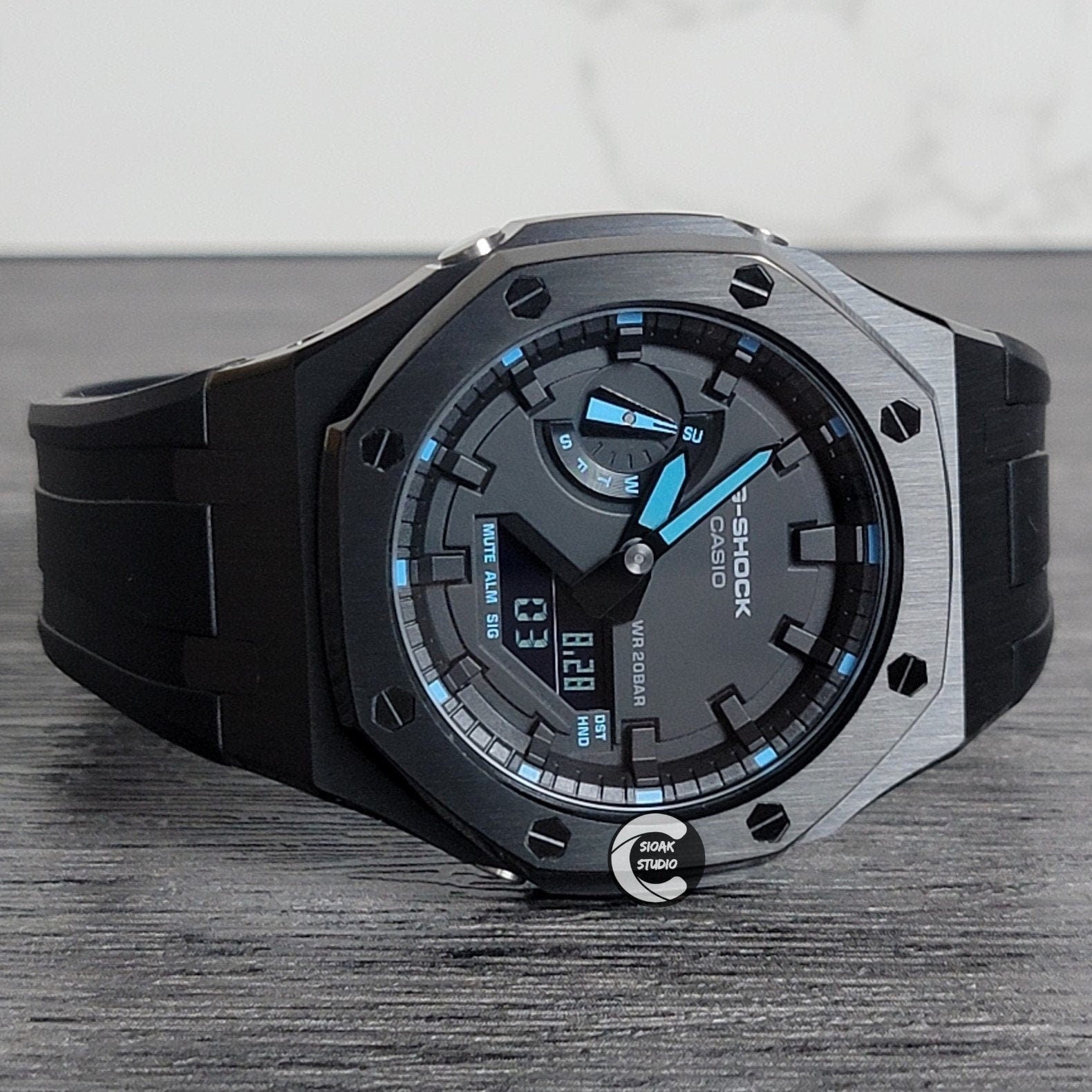 Casioak Mod Watch Black Case Black Rubber Strap Black Time Mark Black Dial Blue 44mm - Casioak Studio