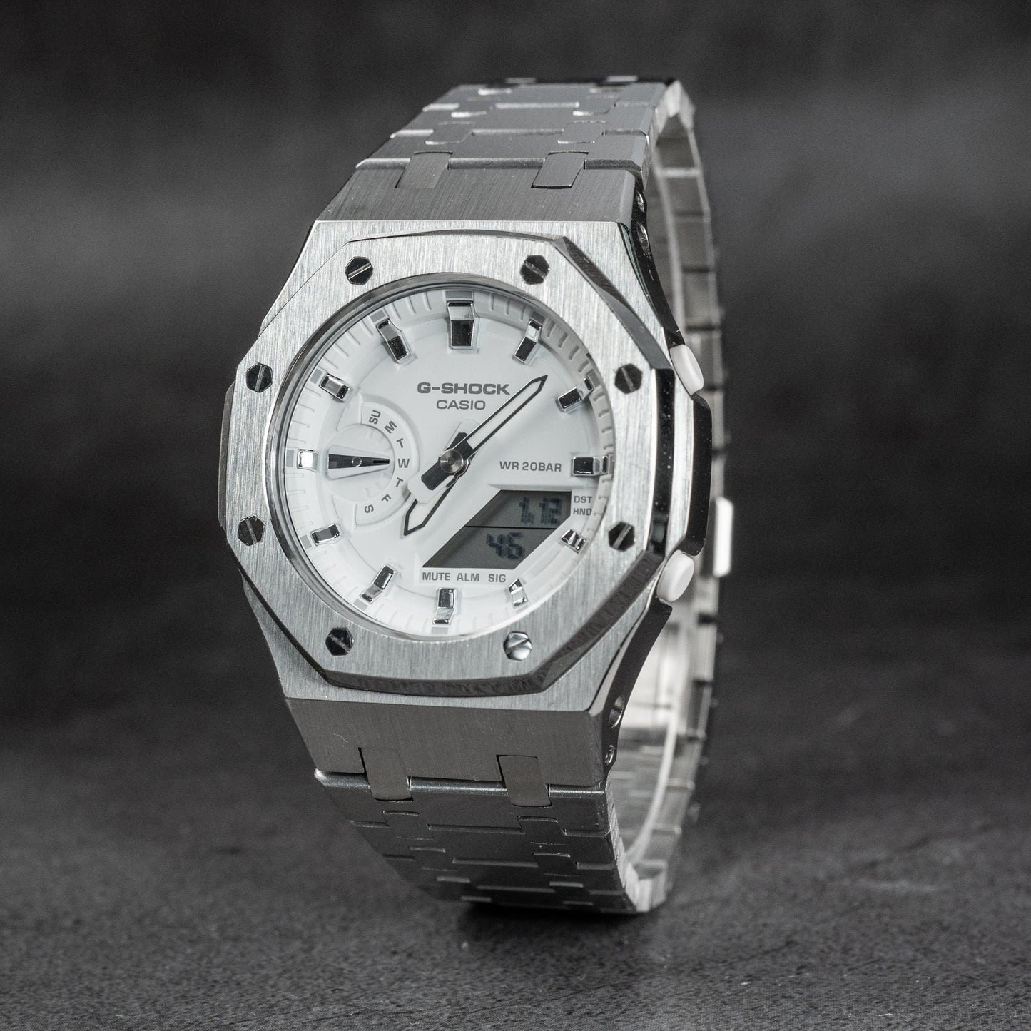 Casioak Mod Watch Silver Case Metal Strap White Silver Time Mark White Dial 42mm - Casioak Studio