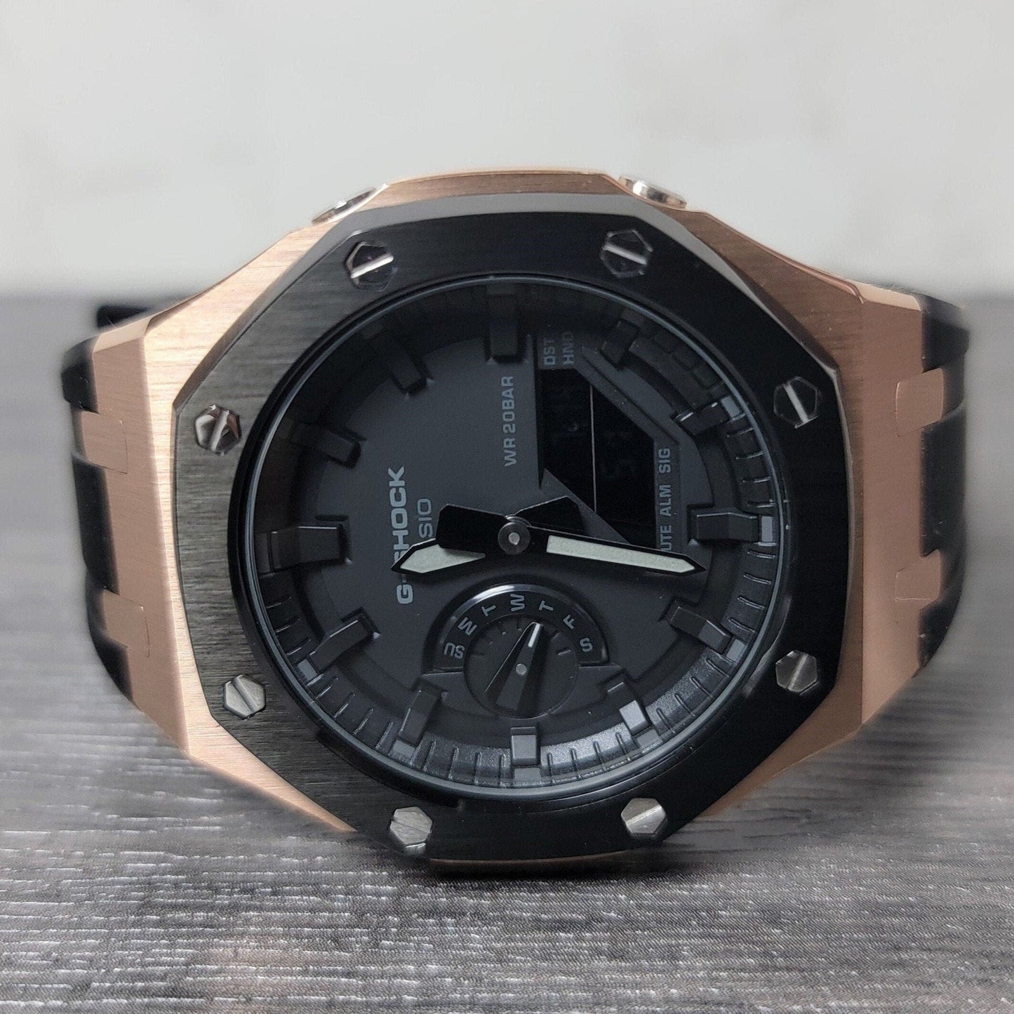 Casioak Mod Watch Black Rose Gold Case Black Rubber Strap Black Time Mark Black Dial 44mm - Casioak Studio