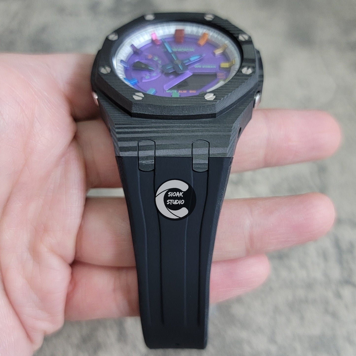 Casioak Mod Watch Carbon Fiber Black Case Black Strap Silver Rainbow Time Mark Purple Dial 44mm - Casioak Studio