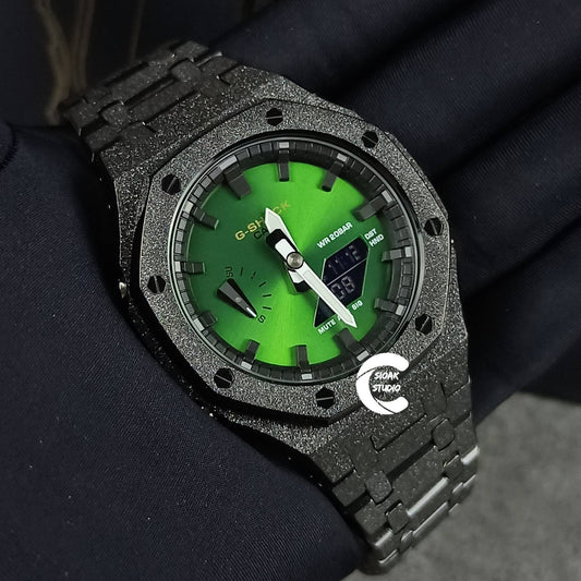 Casioak Mod Watch Frosted Black Case Metal Strap Black Time Mark Green Dial 44mm - Casioak Studio