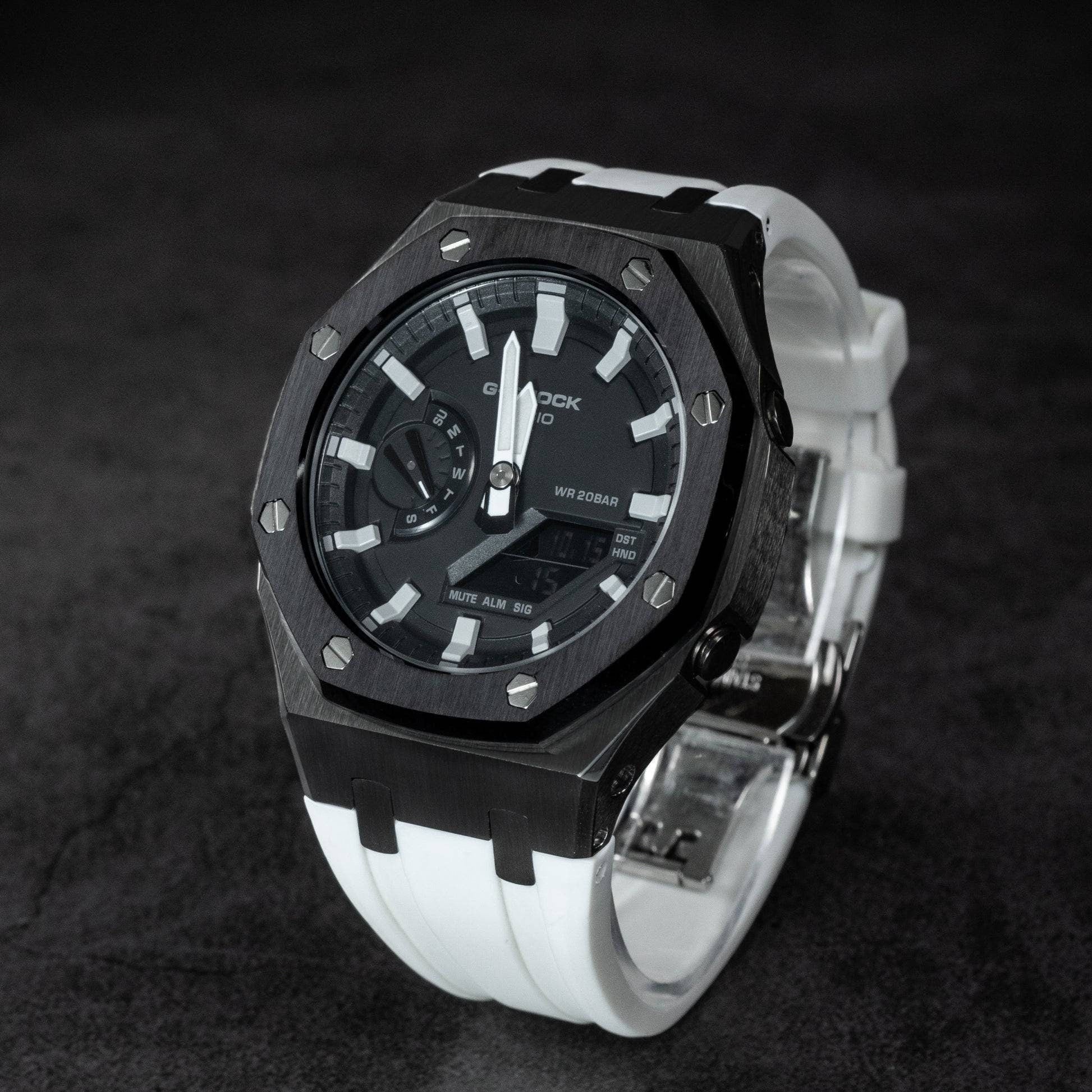 Casioak Mod Watch Black Case White Rubber Strap Black Light Gray Time Mark Black Dial 44mm - Casioak Studio