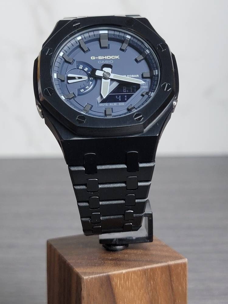 Casioak Mod Watch Black Case Metal Strap Blue Black Time Mark Blue Dial 44mm - Casioak Studio