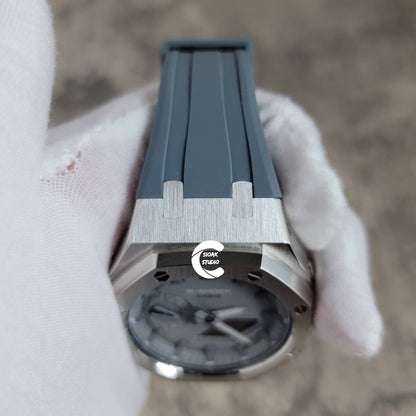 Casioak Mod Watch Silver Case Gray Rubber Strap Light Gray Time Mark Gray Dial 44mm - Casioak Studio