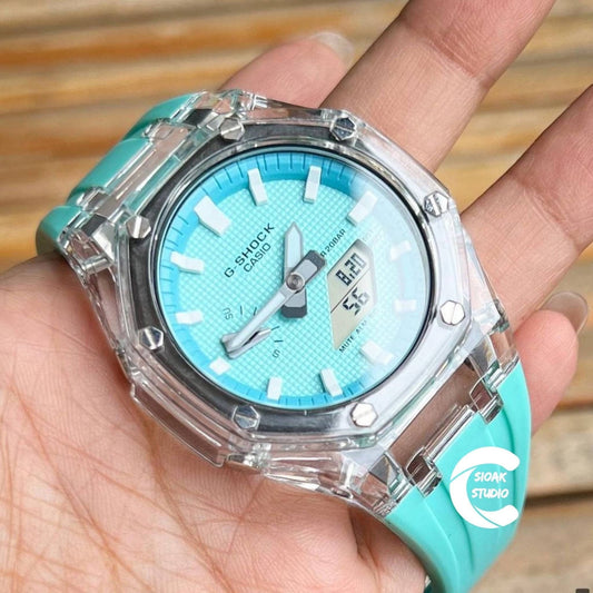 Casioak Mod Watch Transparent Case Tiffany Strap Tiffany White Time Mark Tiffany Blue Dial 44mm - Casioak Studio