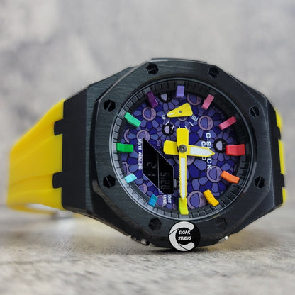 Casioak Mod Watch Black Case Yellow Rubber Strap Black Rainbow Time Mark Takashi Murakami Dial 44mm - Casioak Studio