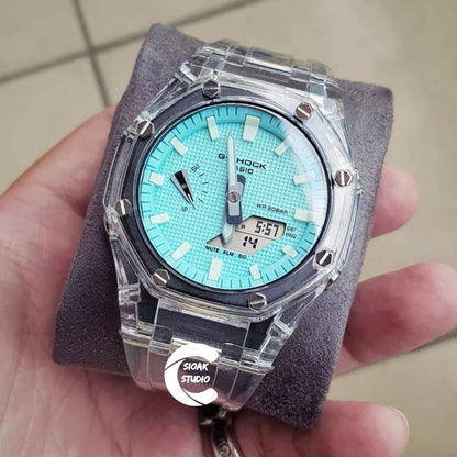 Casioak Mod Watch Transparent Case Tiffany Strap Tiffany White Time Mark Tiffany Blue Dial 44mm - Casioak Studio