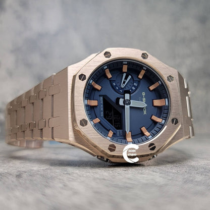 Casioak Mod Watch Rose Gold Case Metal Strap Blue Rose Gold Time Mark Blue Dial 44mm - Casioak Studio