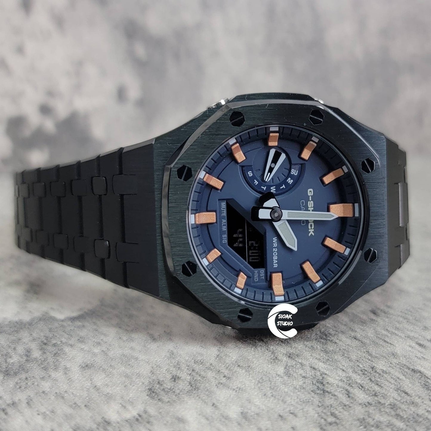 Casioak Mod Watch Black Case Metal Strap Blue Rose Gold Time Mark Blue Dial 44mm - Casioak Studio