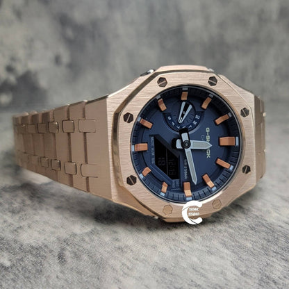 Casioak Mod Watch Rose Gold Case Metal Strap Blue Rose Gold Time Mark Blue Dial 44mm - Casioak Studio