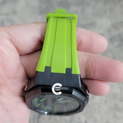 Casioak Mod Watch Black Case Green Rubber Strap Black  Green Time Mark Black Dial 44mm - Casioak Studio