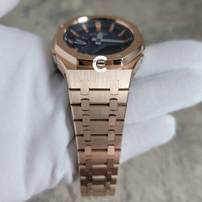 Casioak Mod Watch Rose Gold Case Metal Strap Blue Rose Gold Time Mark Blue Dial 44mm - Casioak Studio