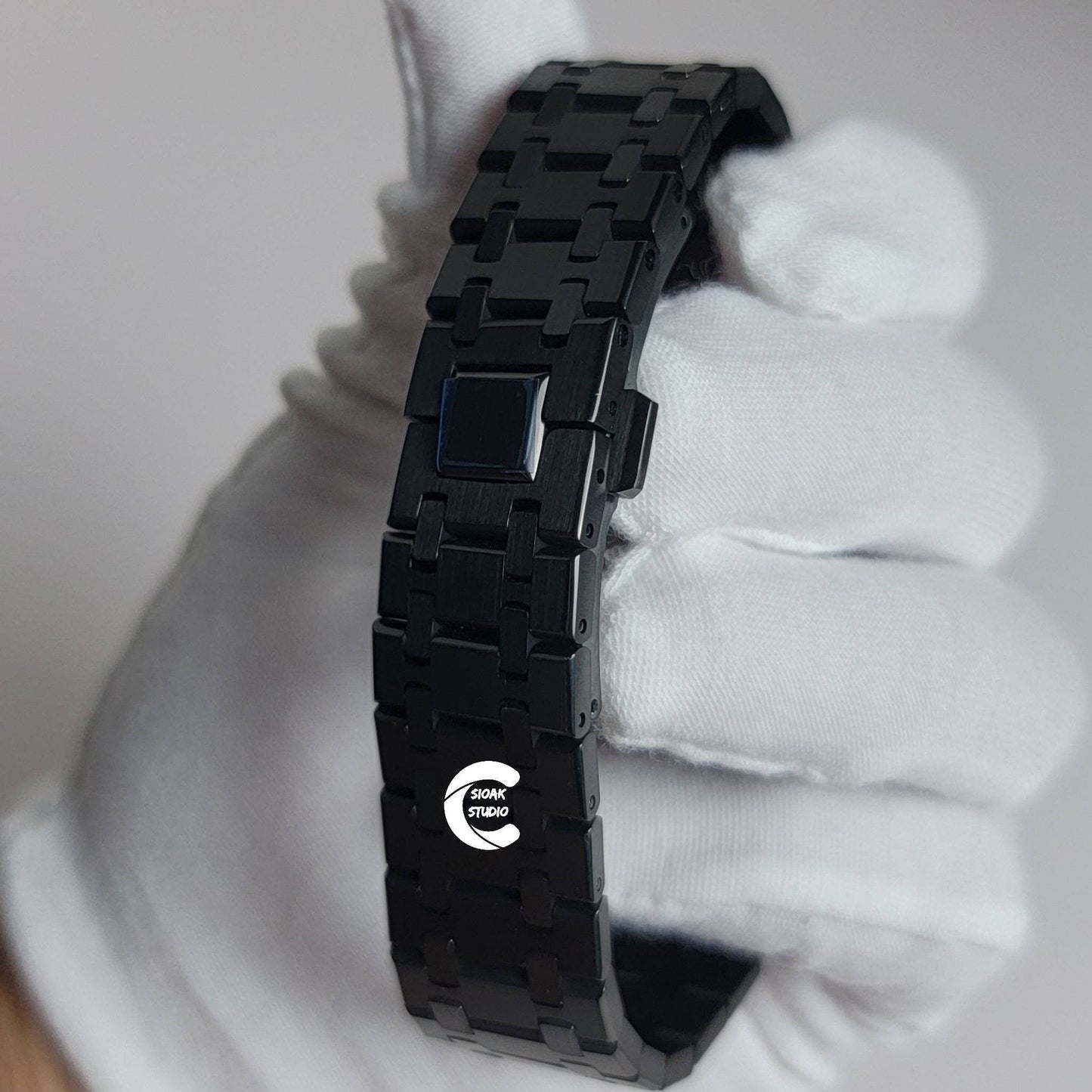 Casioak Mod Watch Black Case Metal Strap Gray Silver Time Mark Gray Dial 44mm - Casioak Studio