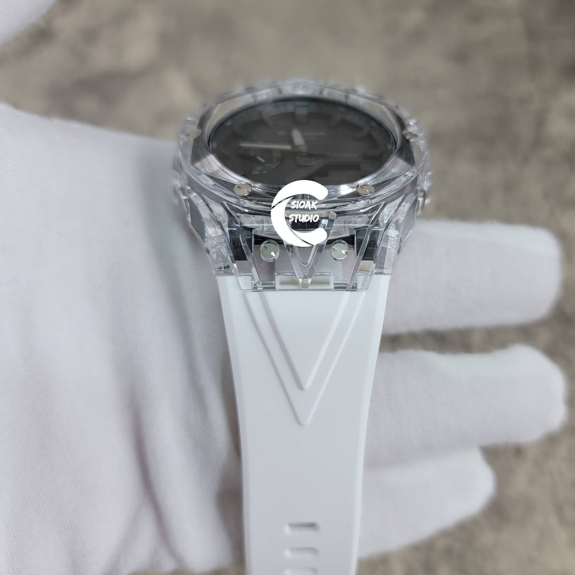 Casioak Mod Watch Transparent Case White Strap Black Time Mark Black Dial 44mm - Casioak Studio