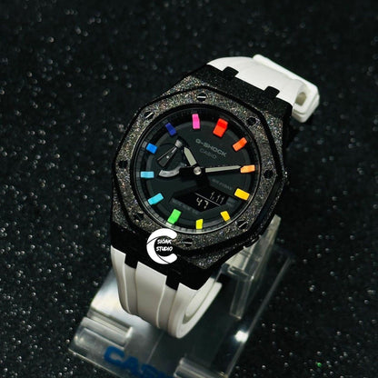 Casioak Mod Watch Frosted Black Case White Strap Black Rainbow Time Mark Black Dial 44mm     Men - Casioak Studio