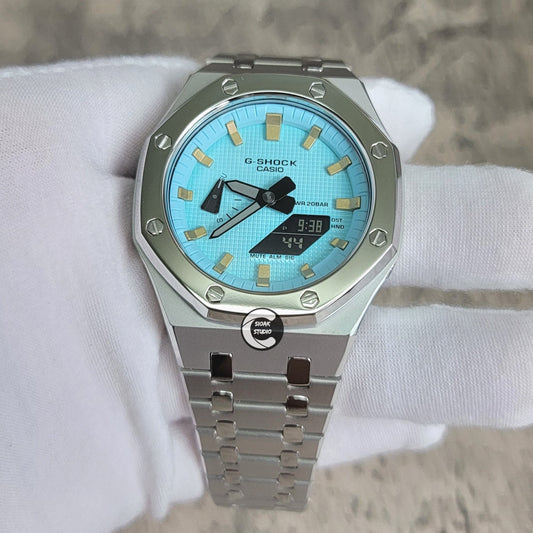 Casioak Mod Watch Polished Silver Case Metal Strap Tiffany Gold Time Mark Tiffany Blue Dial 44mm - Casioak Studio
