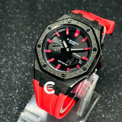 Casioak Mod Watch Frosted Black Case Red Strap Black Red Time Mark  Black Dial 44mm     Men - Casioak Studio