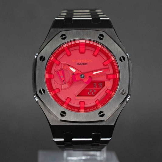 Casioak Mod Watch Gray Case Metal Strap Red Time Mark Red Dial 44mm - Casioak Studio