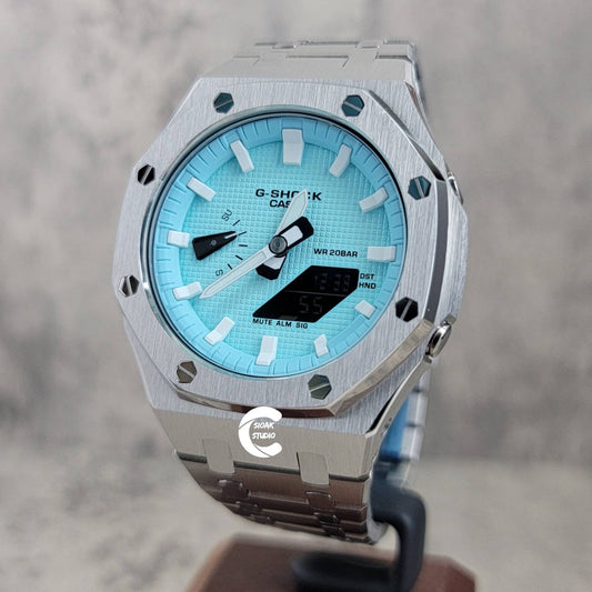 Casioak Mod Watch Silver Case Metal Strap Tiffany White Time Mark Tiffany Blue Dial 44mm - Casioak Studio