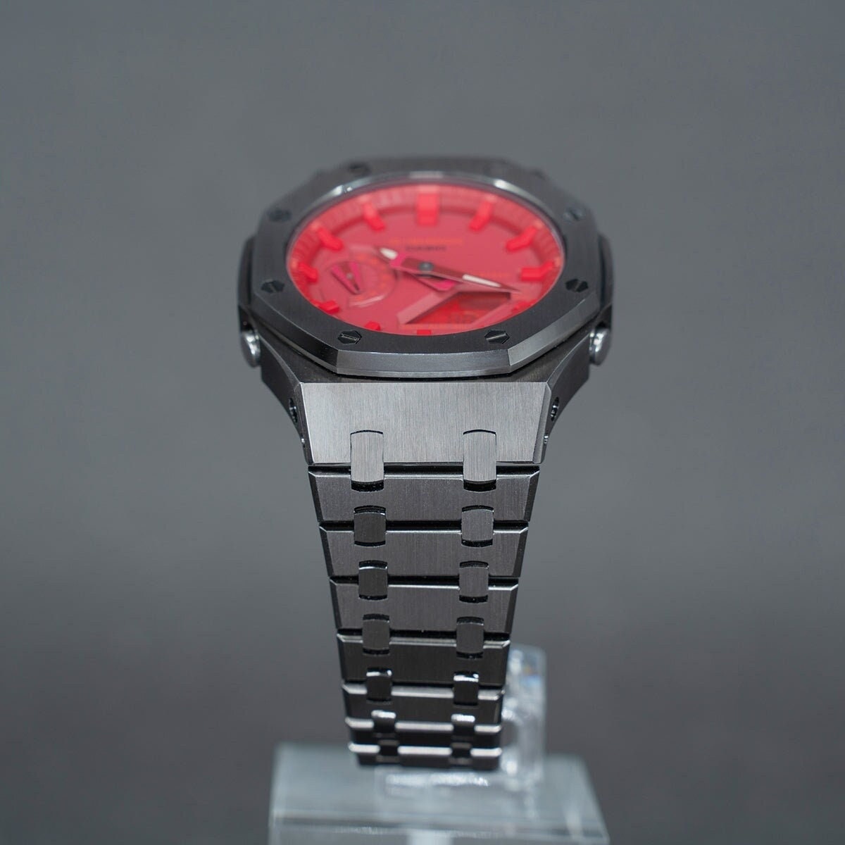Casioak Mod Watch Gray Case Metal Strap Red Time Mark Red Dial 44mm - Casioak Studio