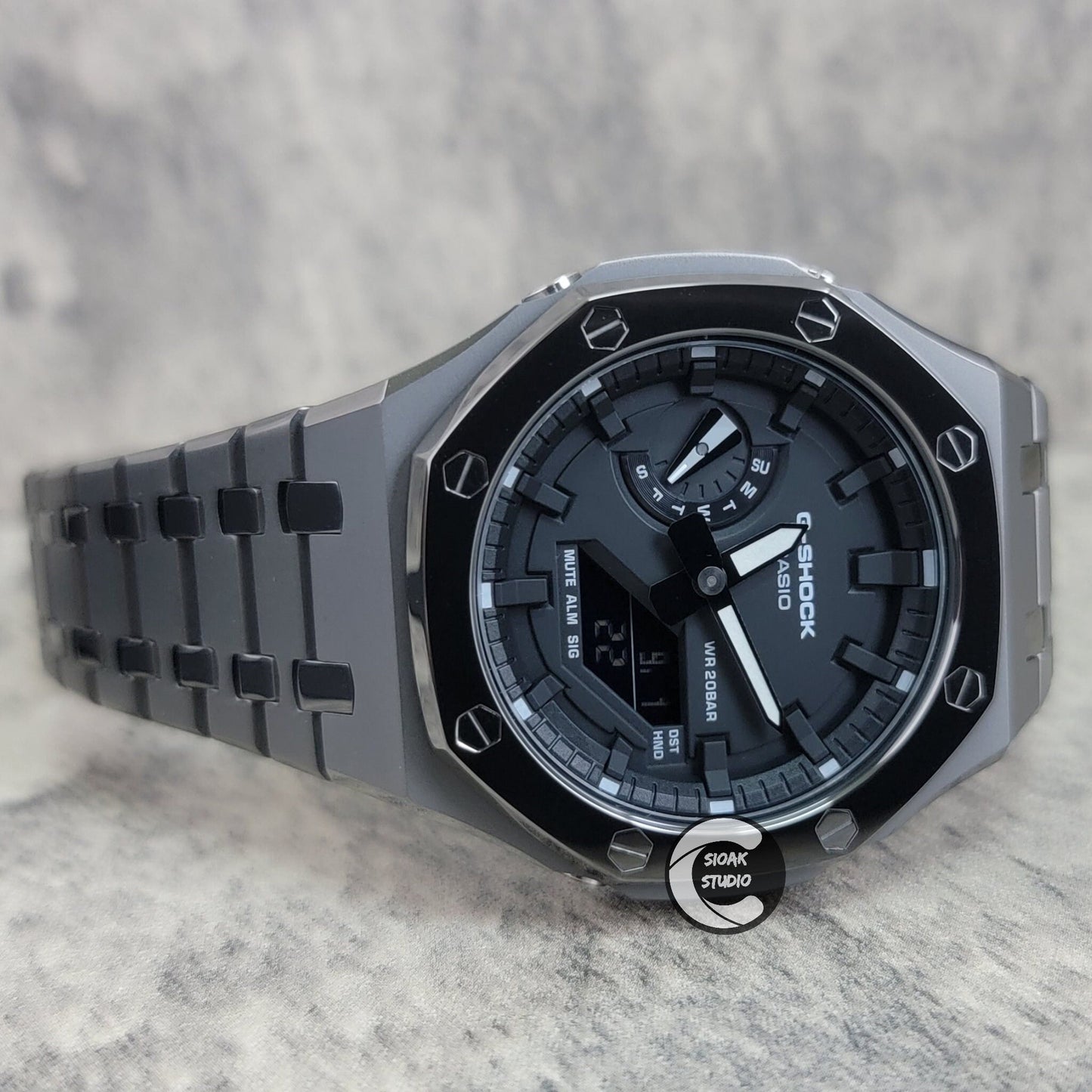 Casioak Mod Watch Polished Grey Case Metal Strap Black Time Mark Black Dial 44mm - Casioak Studio