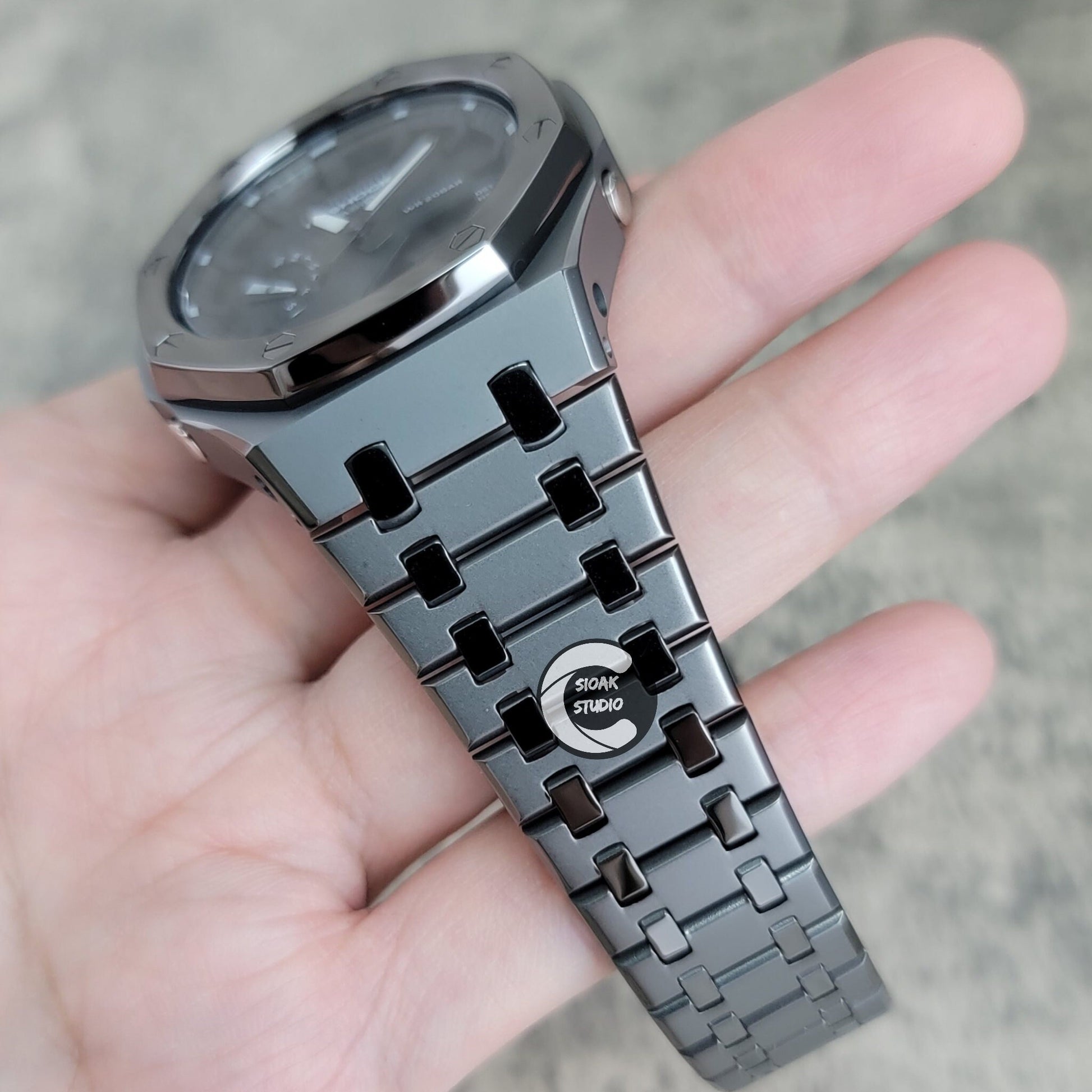 Casioak Mod Watch Polished Grey Case Metal Strap Black Time Mark Black Dial 44mm - Casioak Studio