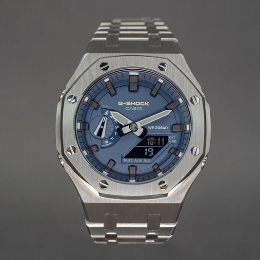 Casioak Mod Watch Gray Case Metal Strap Blue Black Time Mark Blue Dial 44mm - Casioak Studio