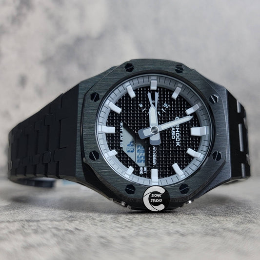 Casioak Mod Watch Black Case Metal Strap Gray White Time Mark Black Waffle Dial 44mm - Casioak Studio