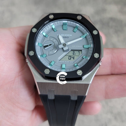 Casioak Mod Watch Black Silver Case Black Rubber Strap Light Gray Turquoise Time Mark Gray Dial 44mm - Casioak Studio