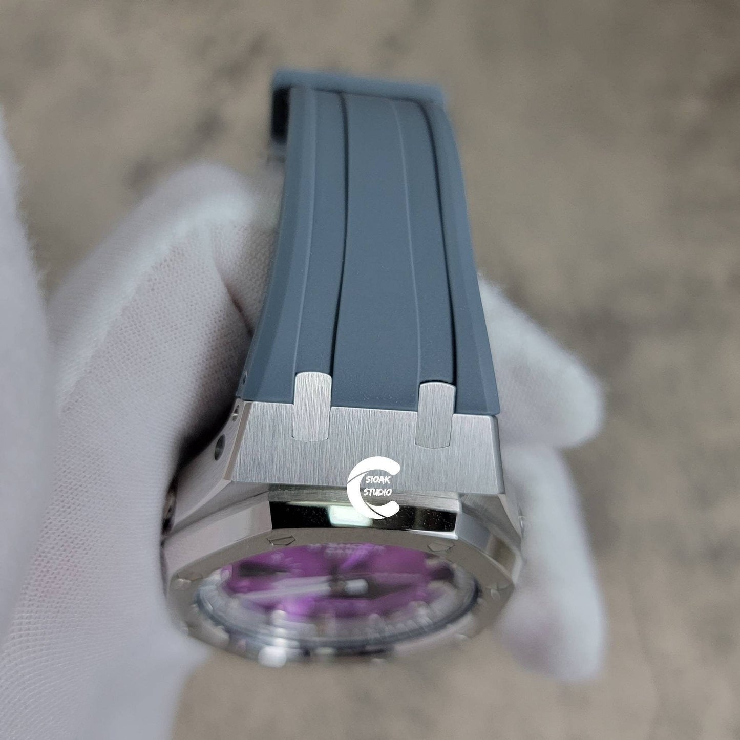 Casioak Mod Watch Silver Case Gray Rubber Strap Silver Time Mark Purple Dial 44mm - Casioak Studio