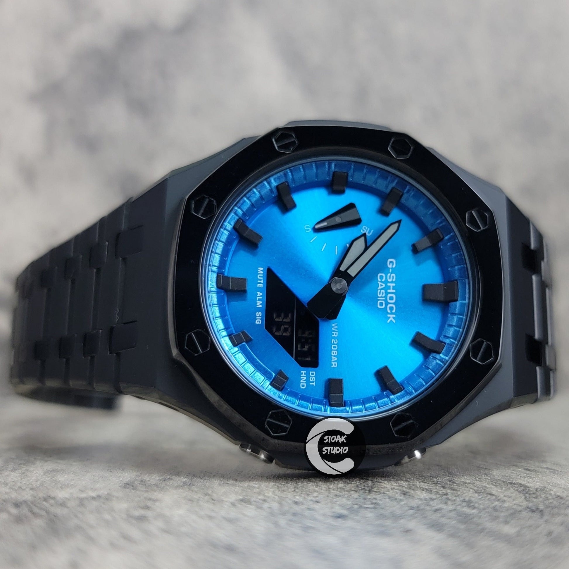 Casioak Mod Watch Polished Black Case Metal Strap Blue Black Time Mark Blue Metallic Dial 44mm - Casioak Studio