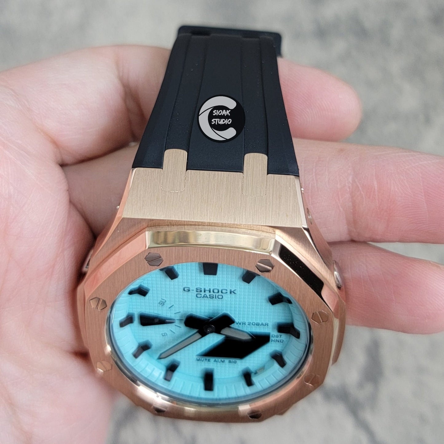 Casioak Mod Watch Rose Gold Case Black Rubber Strap Tiffany Time Mark Tiffany Blue Dial 44mm - Casioak Studio