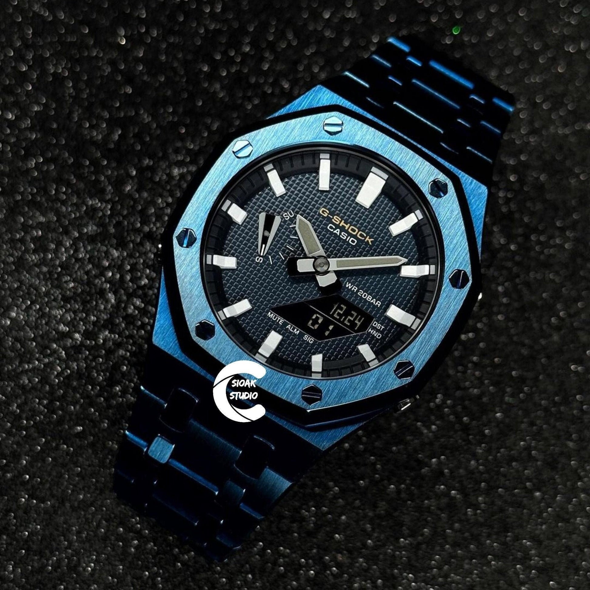 Casioak Mod Watch Case Metal Strap Black White Time Mark Blue Dial 44mm - Casioak Studio