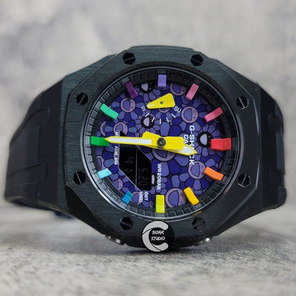 Casioak Mod Watch Black Case Black Rubber Strap Black Rainbow Time Mark Takashi Murakami Dial 44mm - Casioak Studio