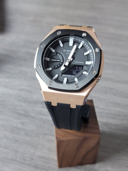 Casioak Mod Watch Black Rose Gold Case Black Rubber Strap Black Light Gray Time Mark Black Dial 44mm - Casioak Studio