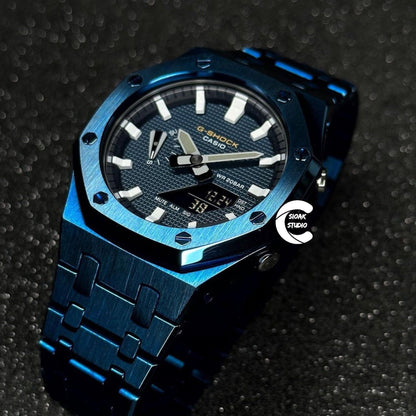 Casioak Mod Watch Case Metal Strap Black White Time Mark Blue Dial 44mm - Casioak Studio