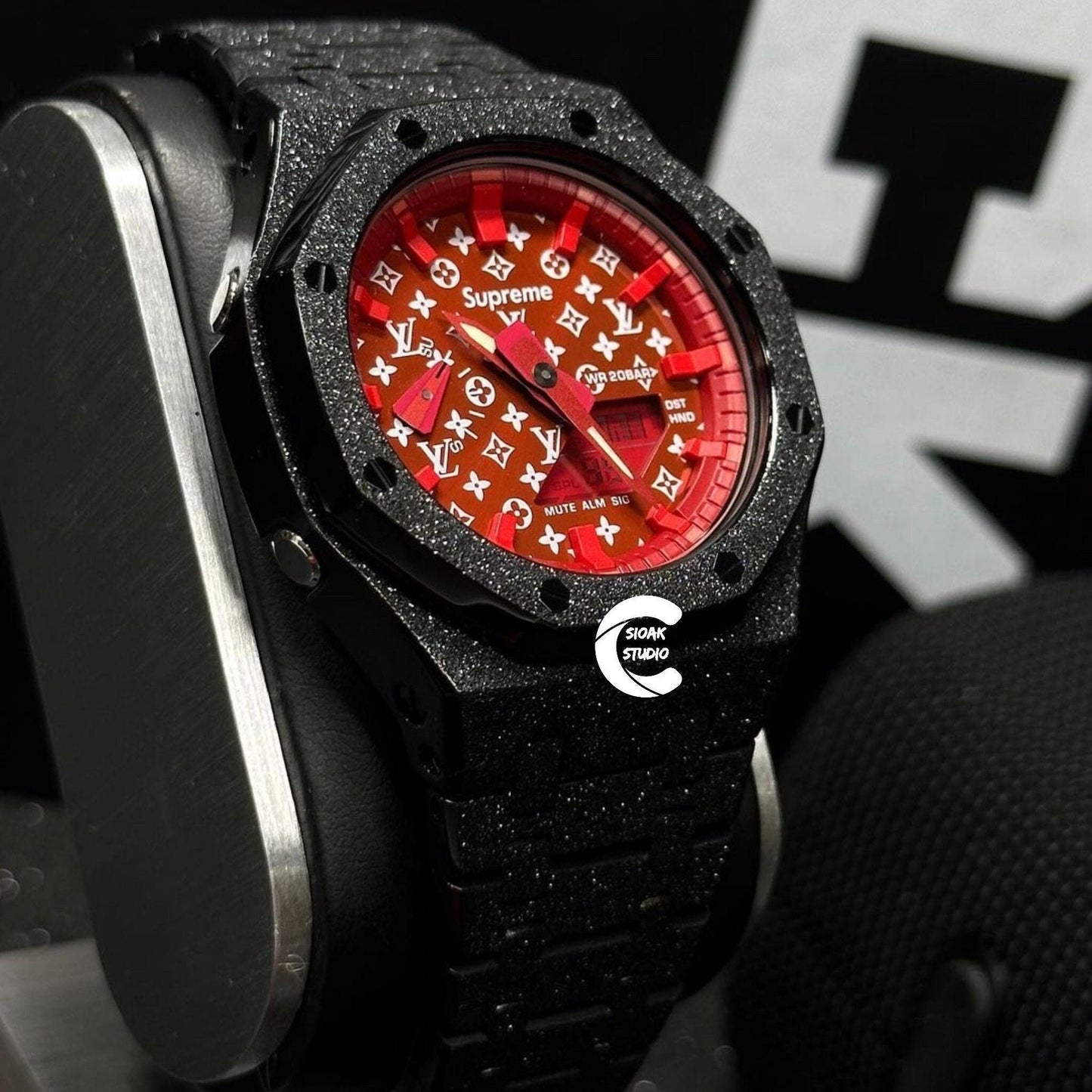 Casioak Mod Watch Frosted Black Case Metal Strap Red Time Mark Red Dial 44mm - Casioak Studio