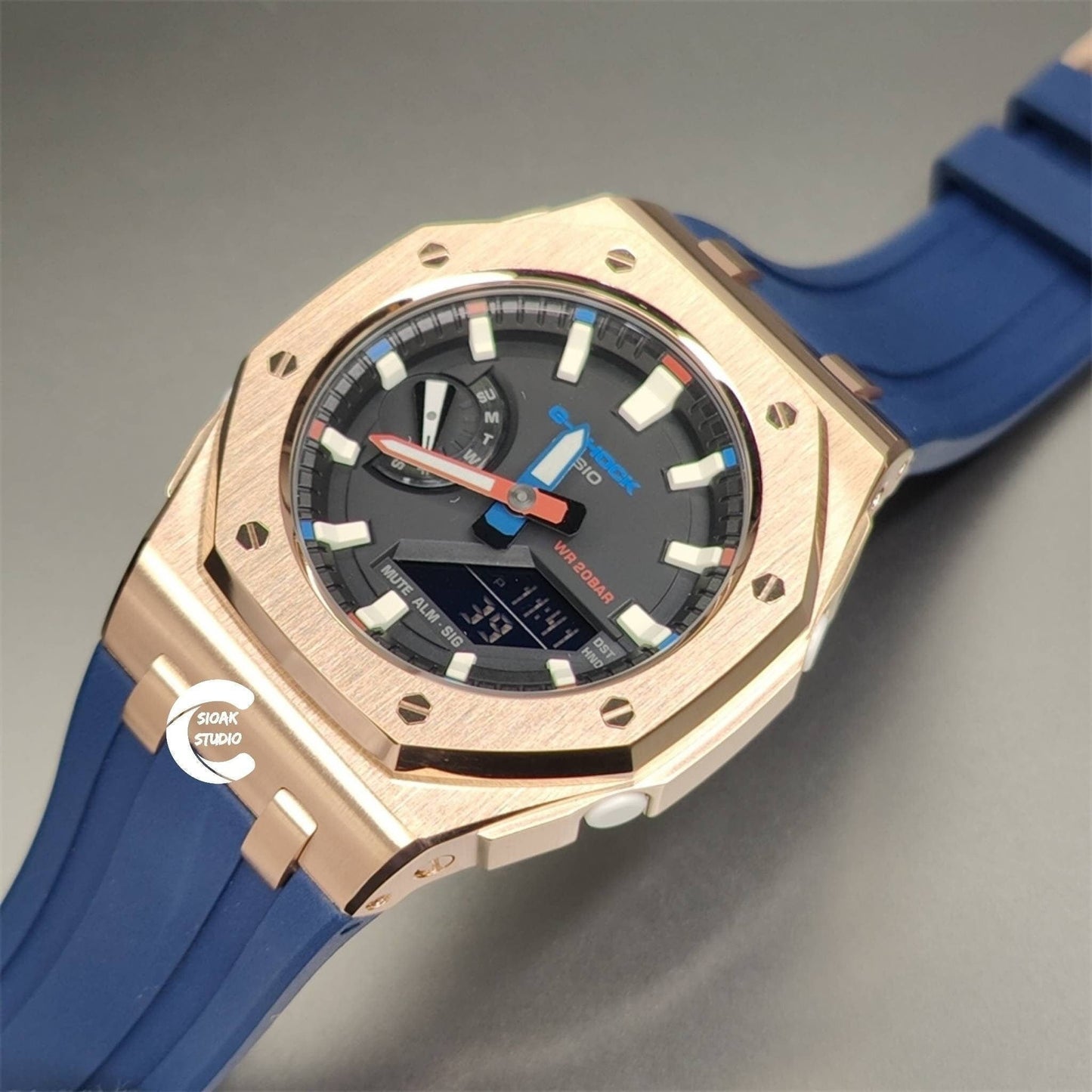 Casioak Mod Watch Offshore Superior Rose Gold Case Blue Rubber Rubber Strap Black Beige Time Mark Black Dial 42mm - Casioak Studio