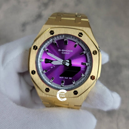 Casioak Mod Watch Gold Case Metal Strap Silver Time Mark Purple Dial 44mm - Casioak Studio