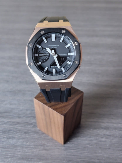 Casioak Mod Watch Black Rose Gold Case Black Rubber Strap Black Light Gray Time Mark Black Dial 44mm - Casioak Studio