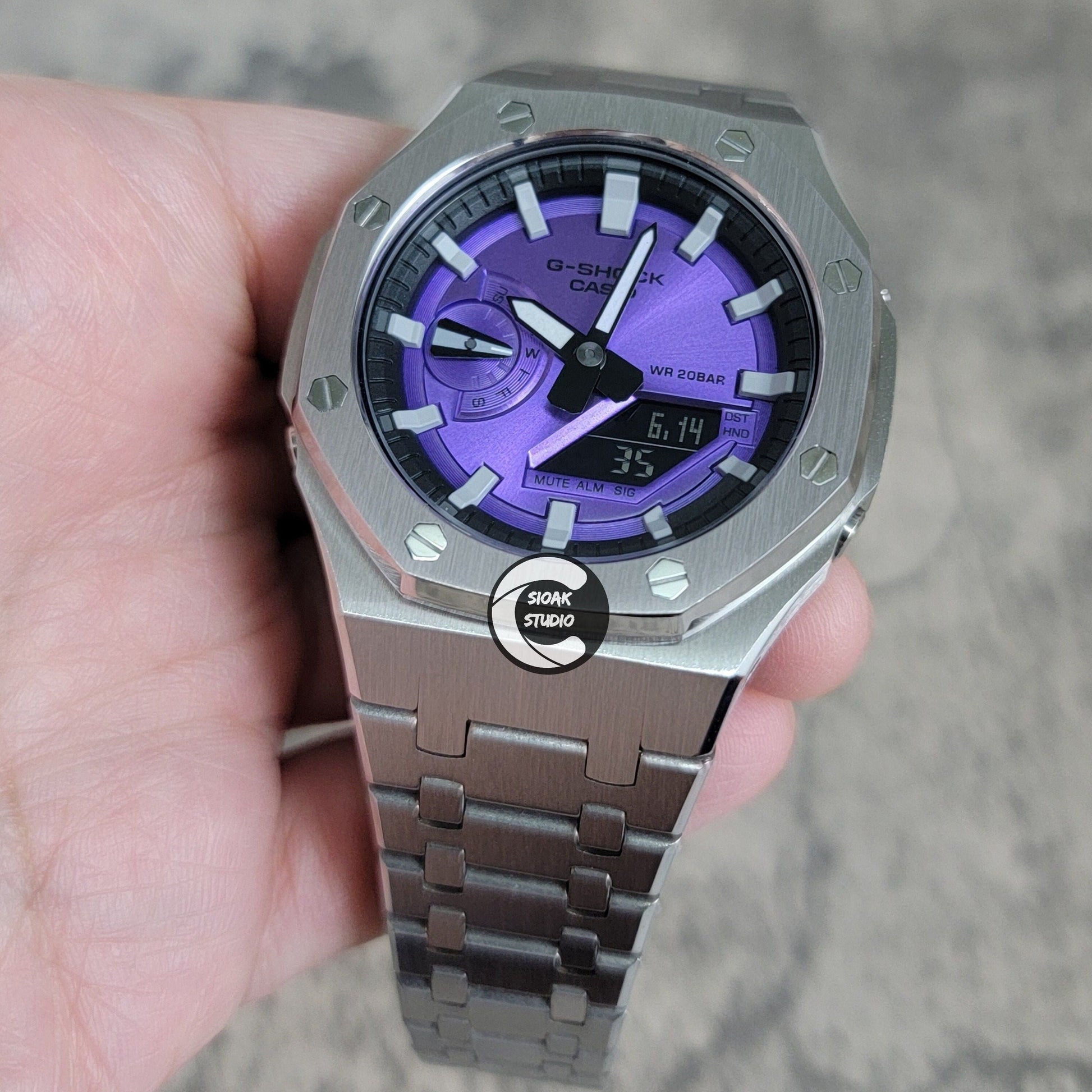 Casioak Mod Watch Silver Case Metal Strap Black Light Grey Time Mark Purple Dial 44mm - Casioak Studio