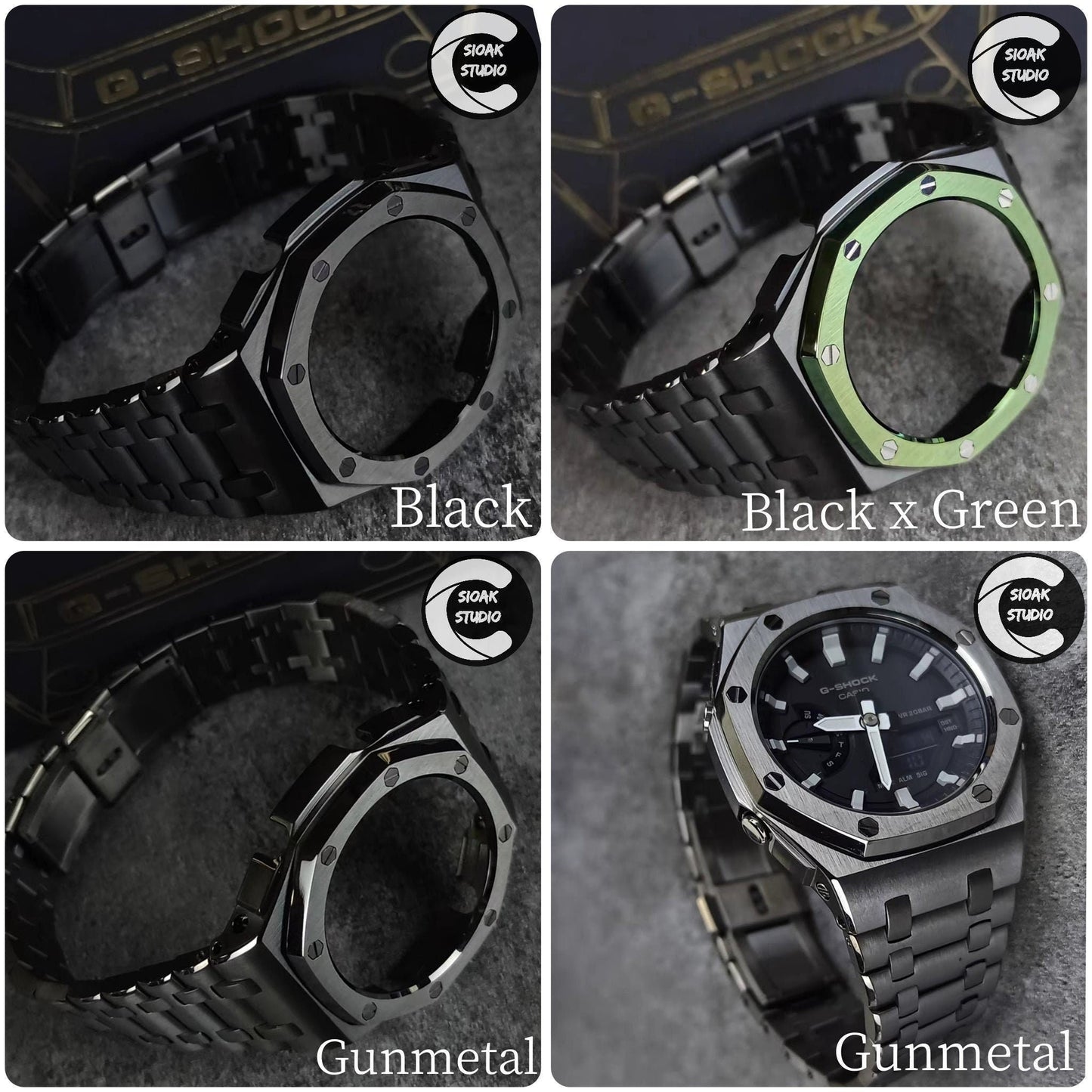 Casioak Mod Watch Offshore Superior Gray Silver Case Metal Strap Black Gray Time Mark Olive Dial 44mm - Casioak Studio
